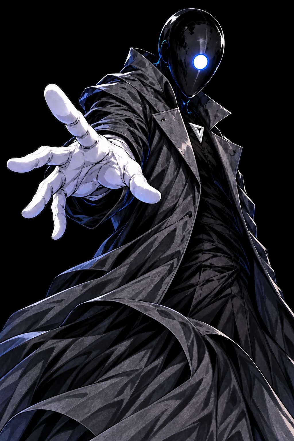 Cypher extends his white glove between cards of blue energy